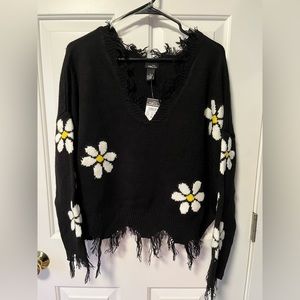 Black Daisy Sweater Cropped with Destroyed Hem and Cuffs NWT